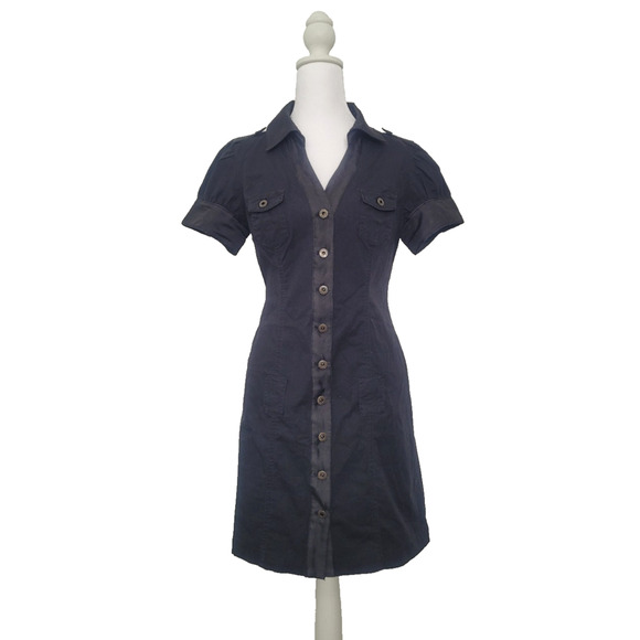 Y2k Guess Button Up Mini Shirt Dress Size M Black Utility Preppy Goth Office - Picture 1 of 12